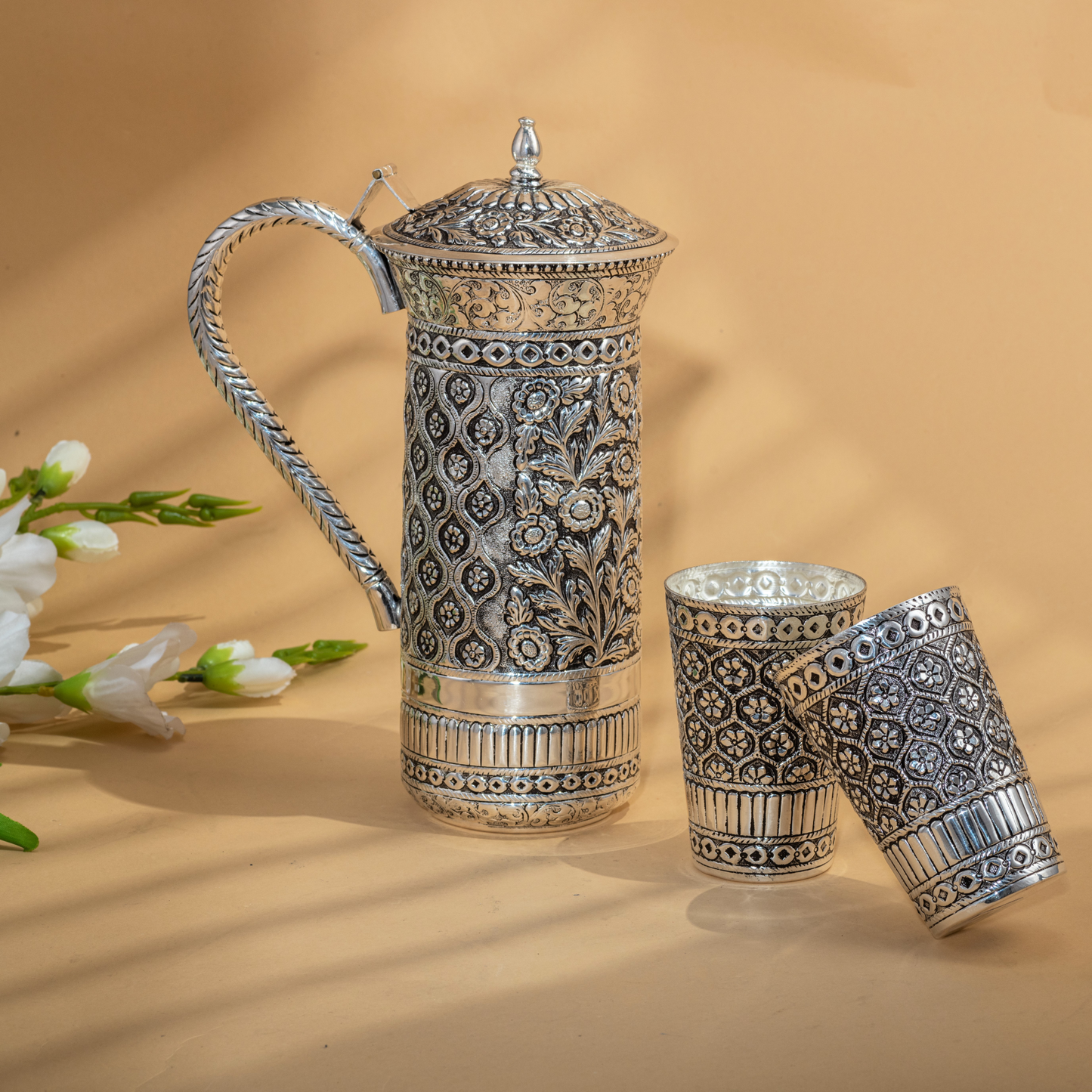 Enchanting Floral Silver Jug set in Antique Finish