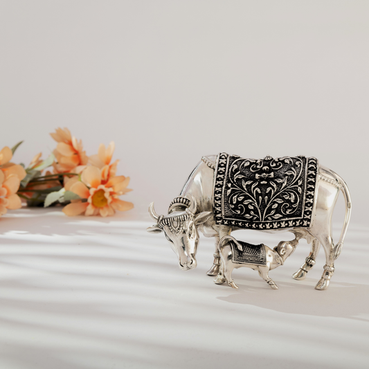 Sacred Silver Cow and Calf in Antique Finish