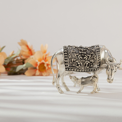 Sacred Silver Cow and Calf in Antique Finish