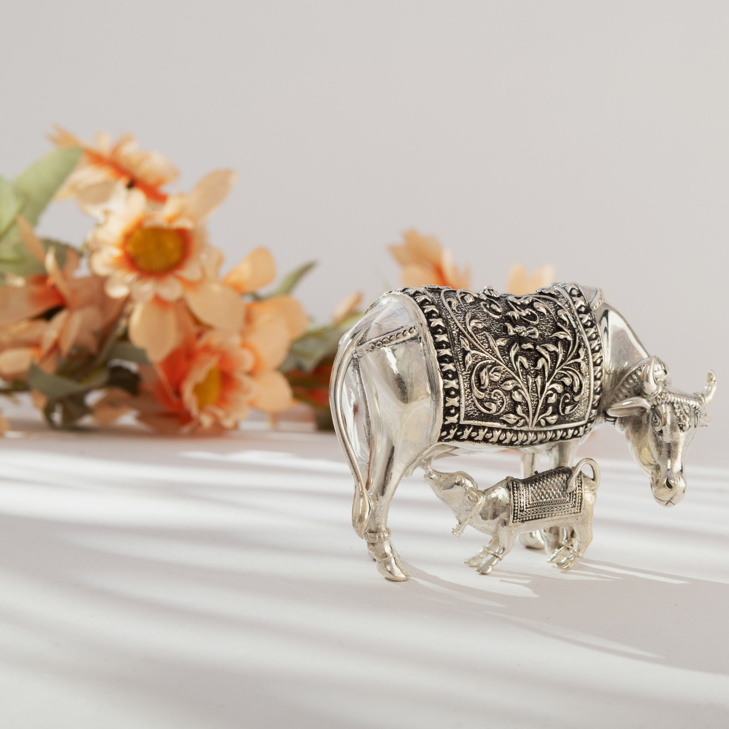 Sacred Silver Cow and Calf in Antique Finish