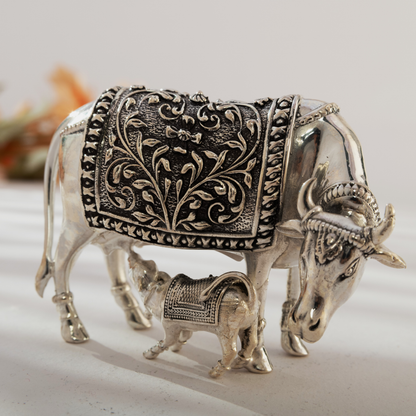 Sacred Silver Cow and Calf in Antique Finish