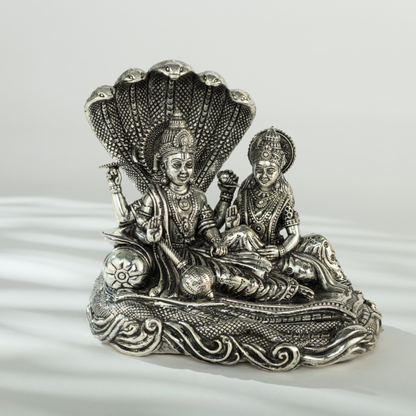 Exquisite Lakshmi Narayan Idol with Sesh Naag in Antique Silver Finish