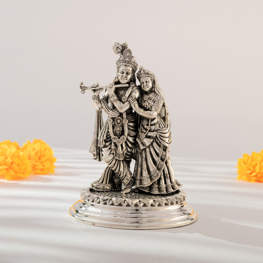 Graceful Radha Krishna Idol in Antique Silver Finish