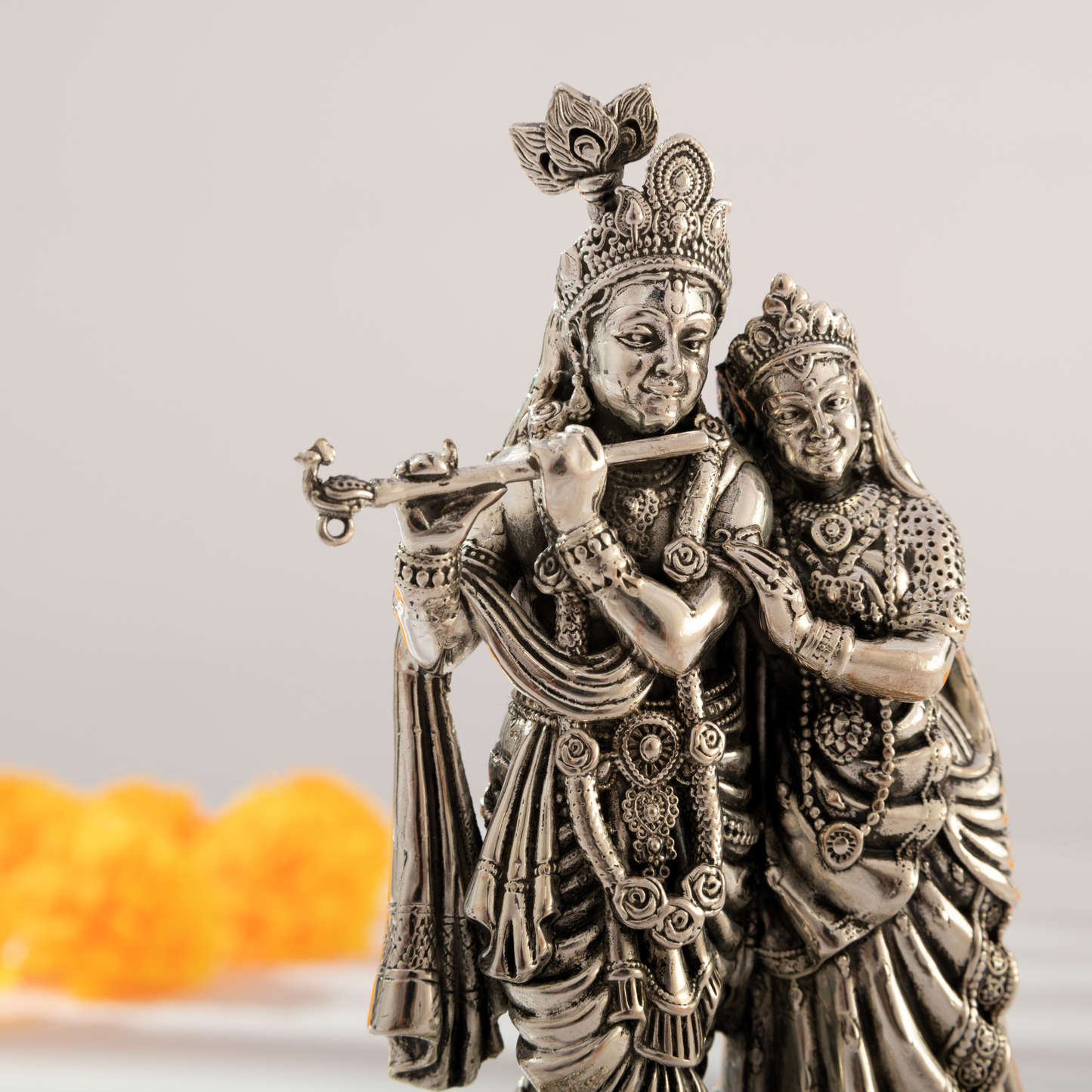 Graceful Radha Krishna Idol in Antique Silver Finish