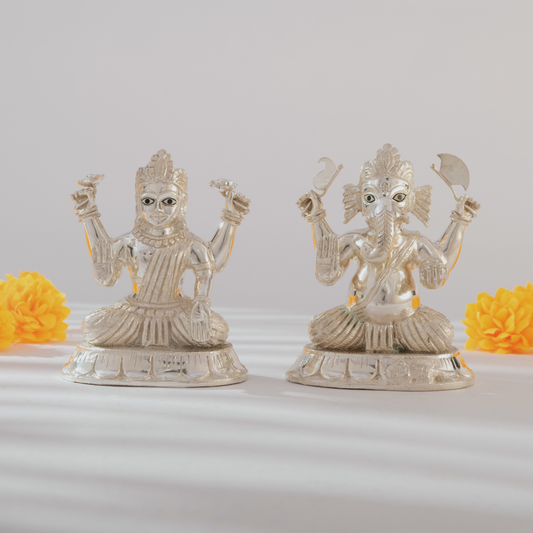 Lord Ganesh and Goddess Lakshmi Idol set in Sparkling Silver Finish