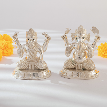 Lord Ganesh and Goddess Lakshmi Idol set in Sparkling Silver Finish