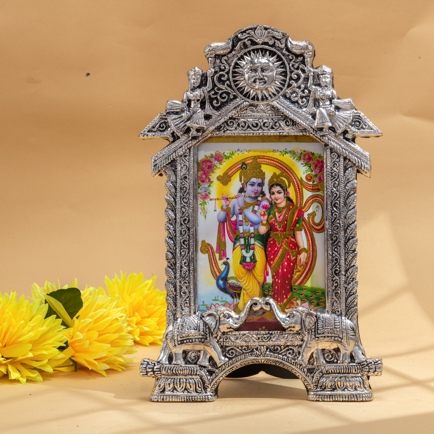 Intricately Designed Antique Silver Coated Photo Frame with Divine Sun and Elephant Motifs