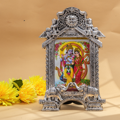 Intricately Designed Antique Silver Coated Photo Frame with Divine Sun and Elephant Motifs