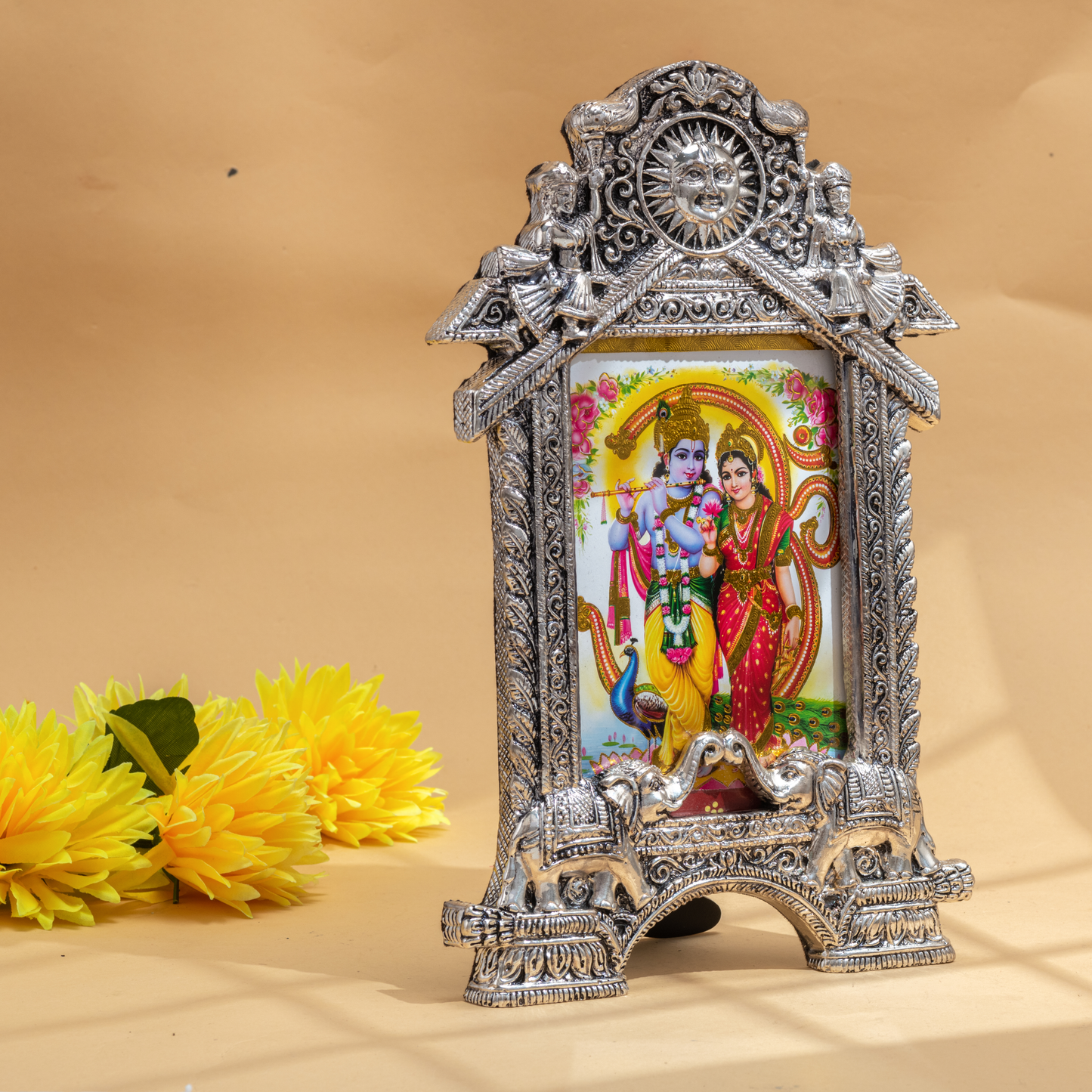 Intricately Designed Antique Silver Coated Photo Frame with Divine Sun and Elephant Motifs