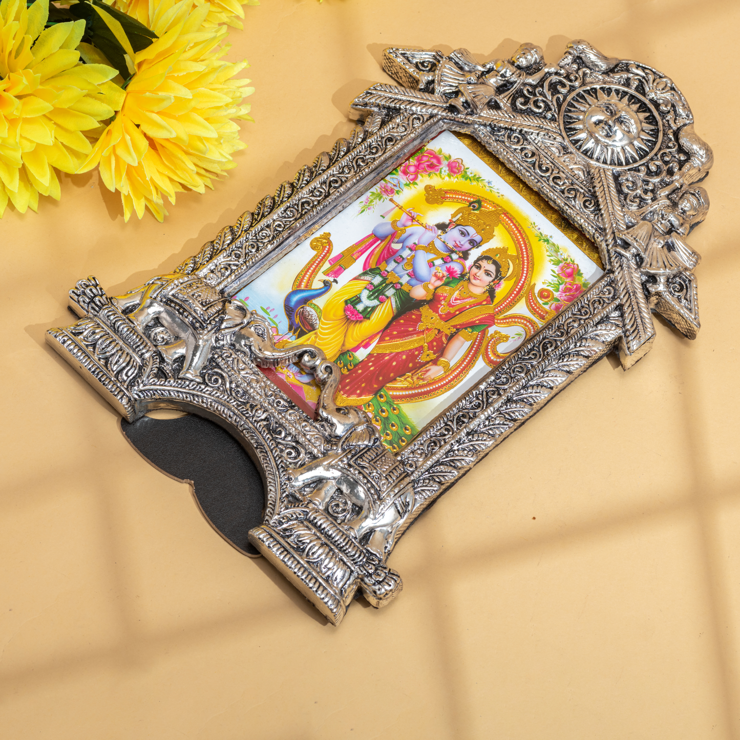 Intricately Designed Antique Silver Coated Photo Frame with Divine Sun and Elephant Motifs