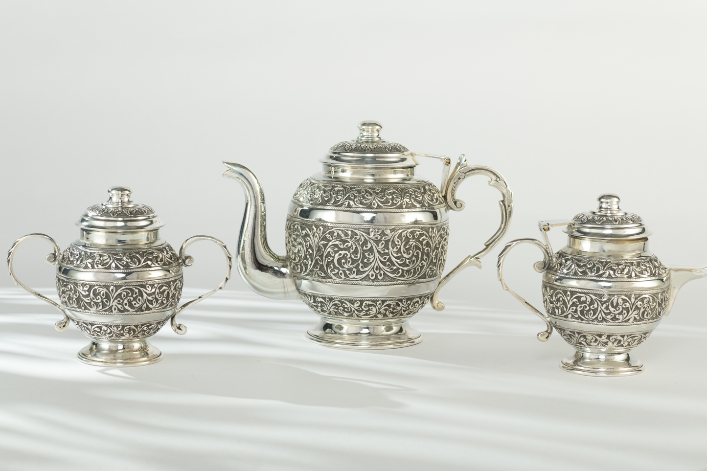 Handcrafted Antique Fine Nakshi Silver Tea set