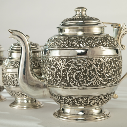 Handcrafted Antique Fine Nakshi Silver Tea set