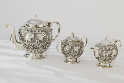 Handcrafted Antique Elephant Embossed Silver Tea set