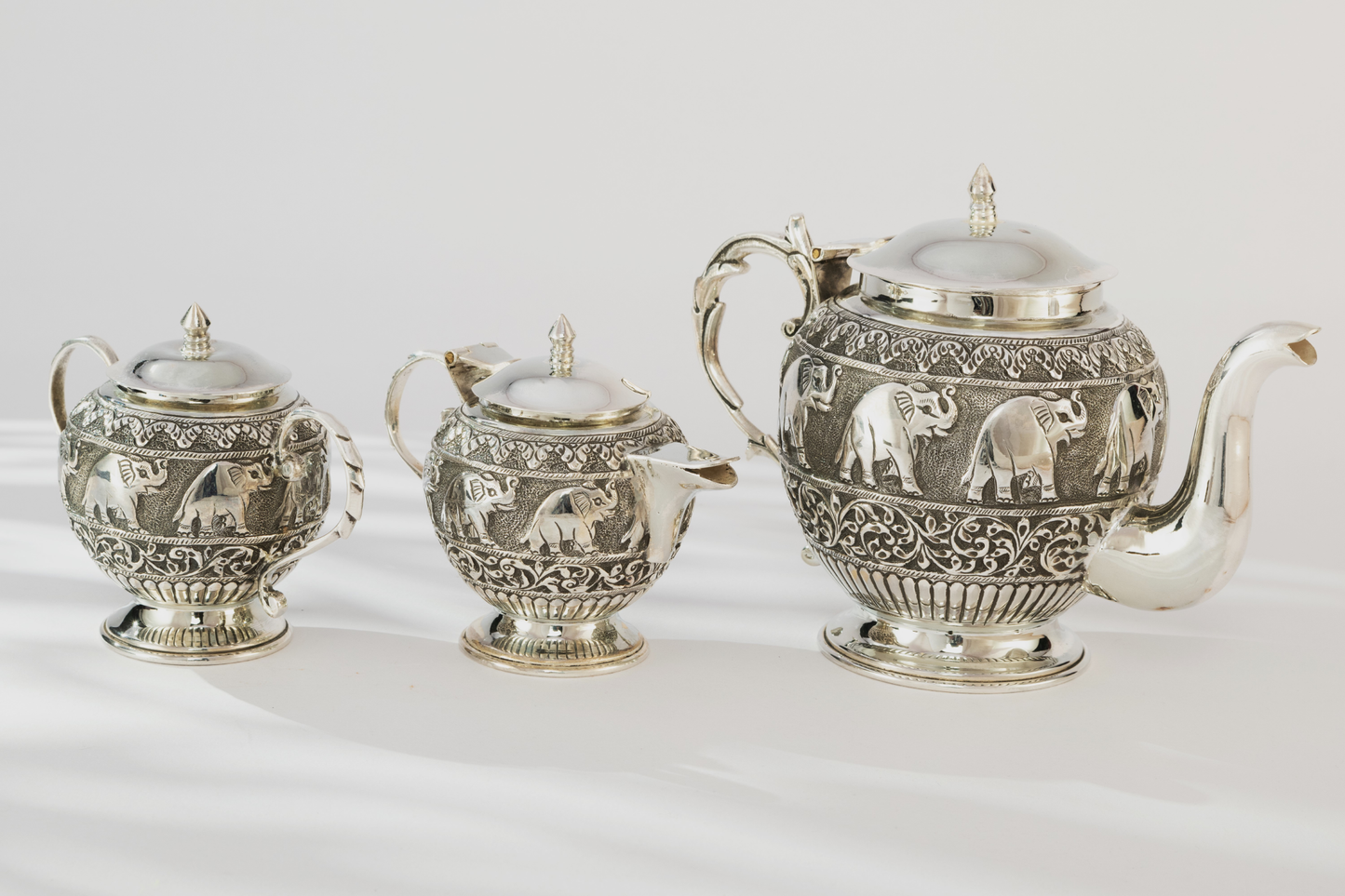 Handcrafted Antique Elephant Embossed Silver Tea set