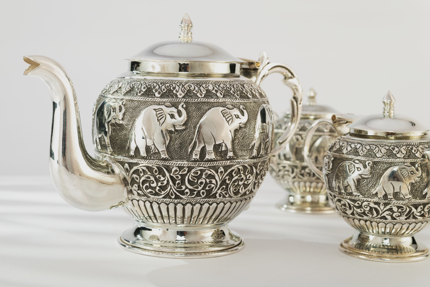 Handcrafted Antique Elephant Embossed Silver Tea set