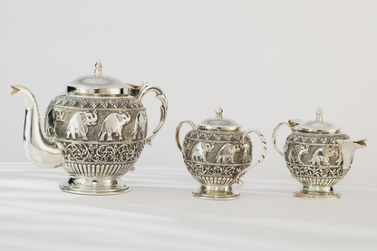 Handcrafted Antique Elephant Embossed Silver Tea set