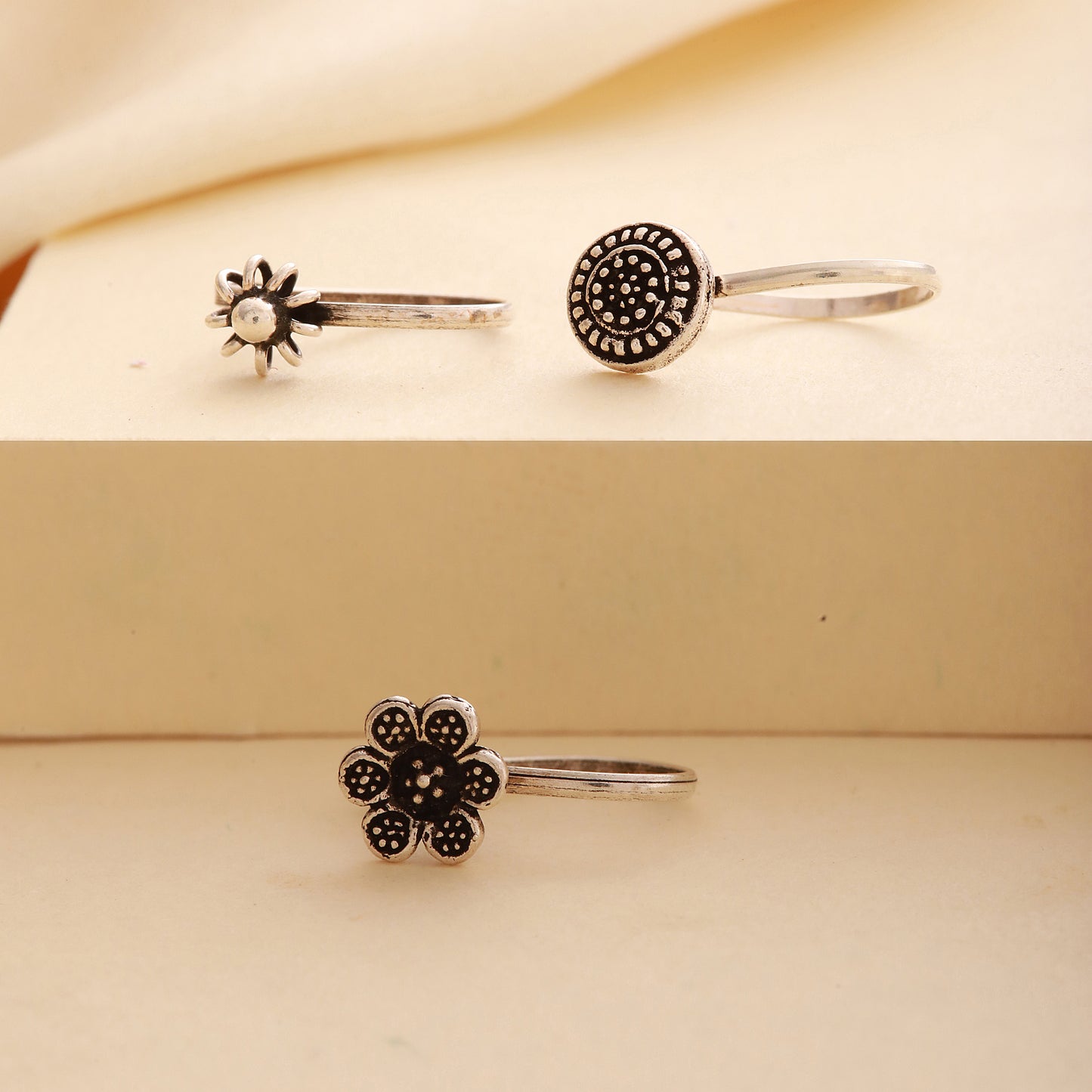 Floral Charm Clip-On 925 Silver Nose Ring - Set of 3