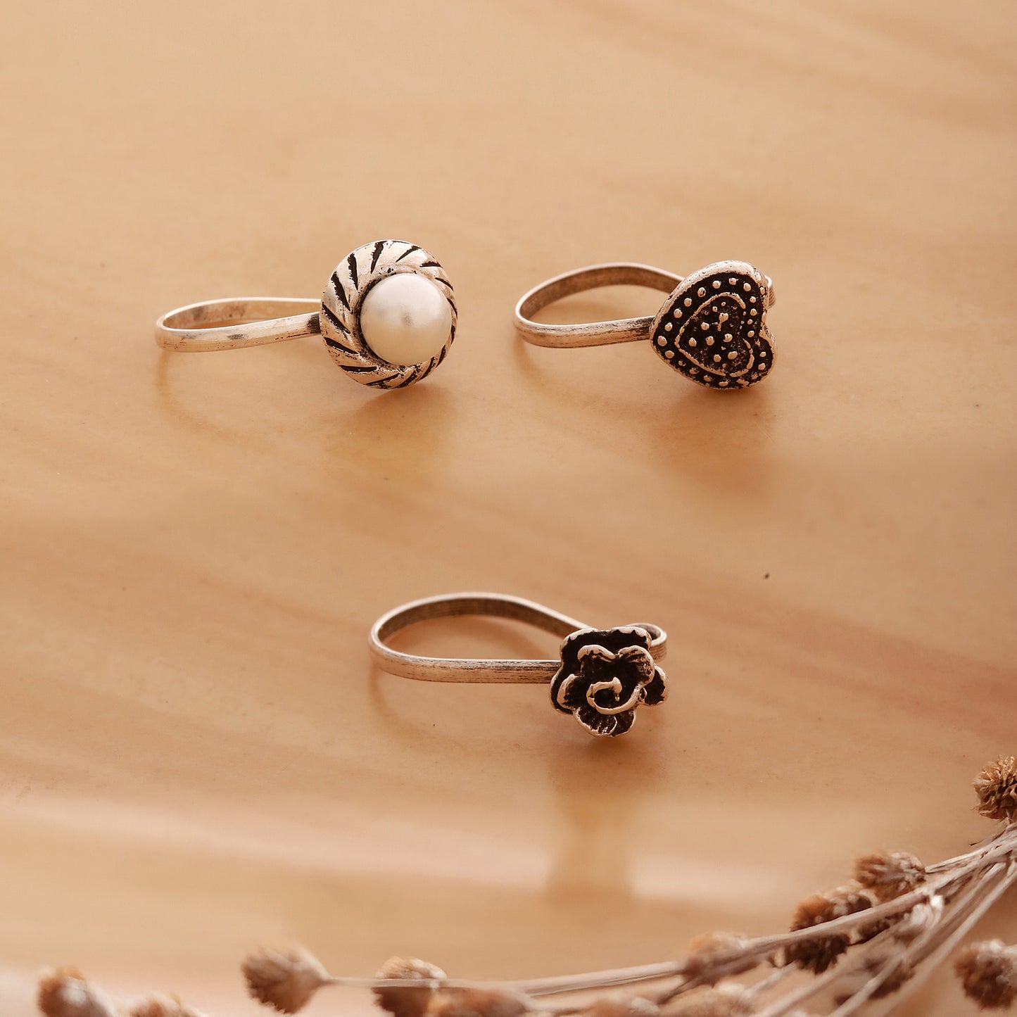 Sterling Silver Oxidised Clip-on Nose Ring - Set of 3