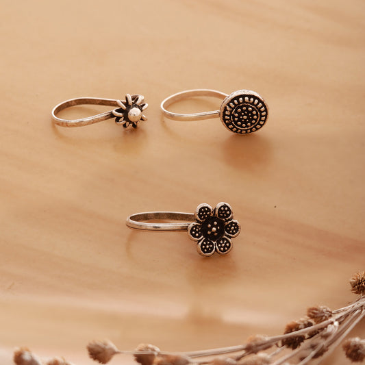 Floral Charm Clip-On 925 Silver Nose Ring - Set of 3