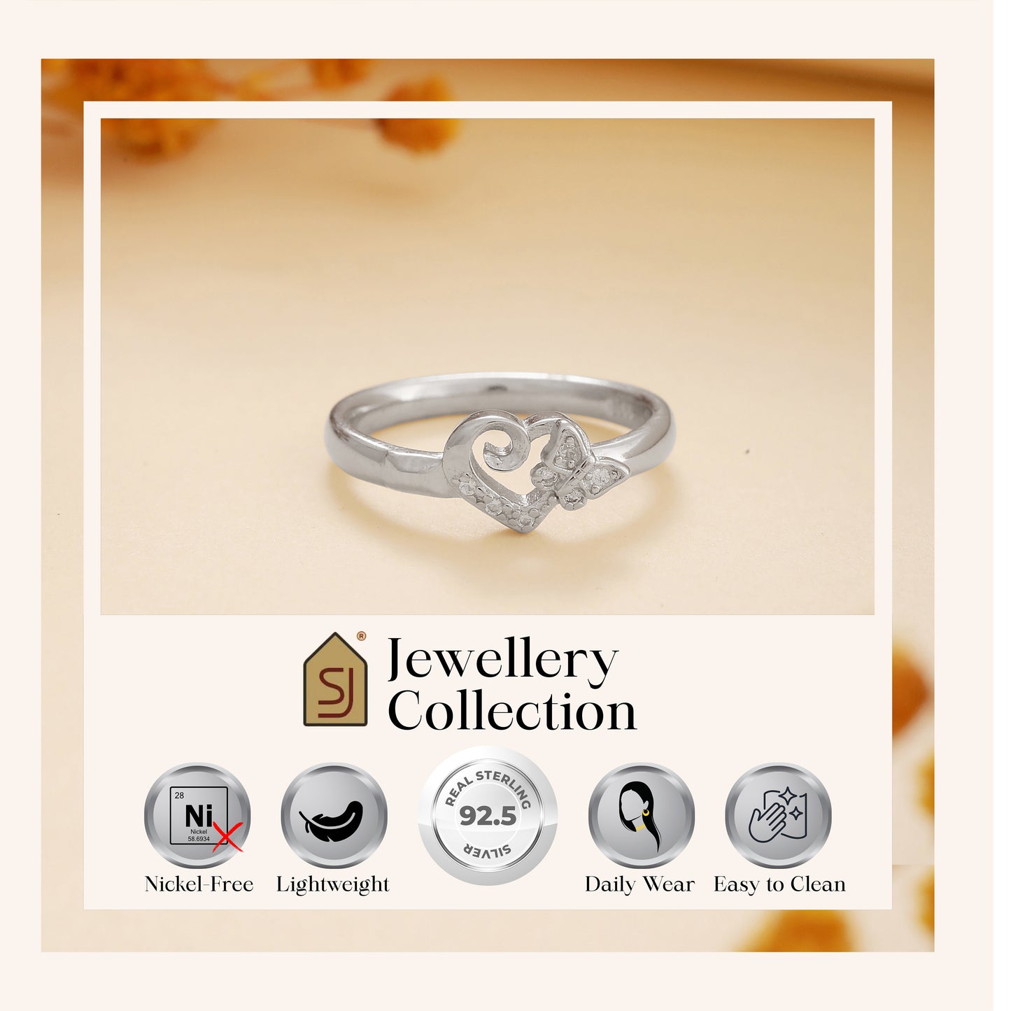 925 Silver Hearts and Butterflies Ring
