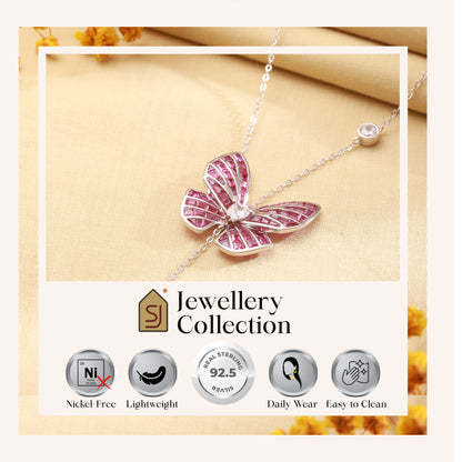 925 Sterling Silver Pink Sapphire Butterfly Necklace