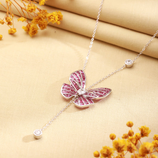 925 Sterling Silver Pink Sapphire Butterfly Necklace