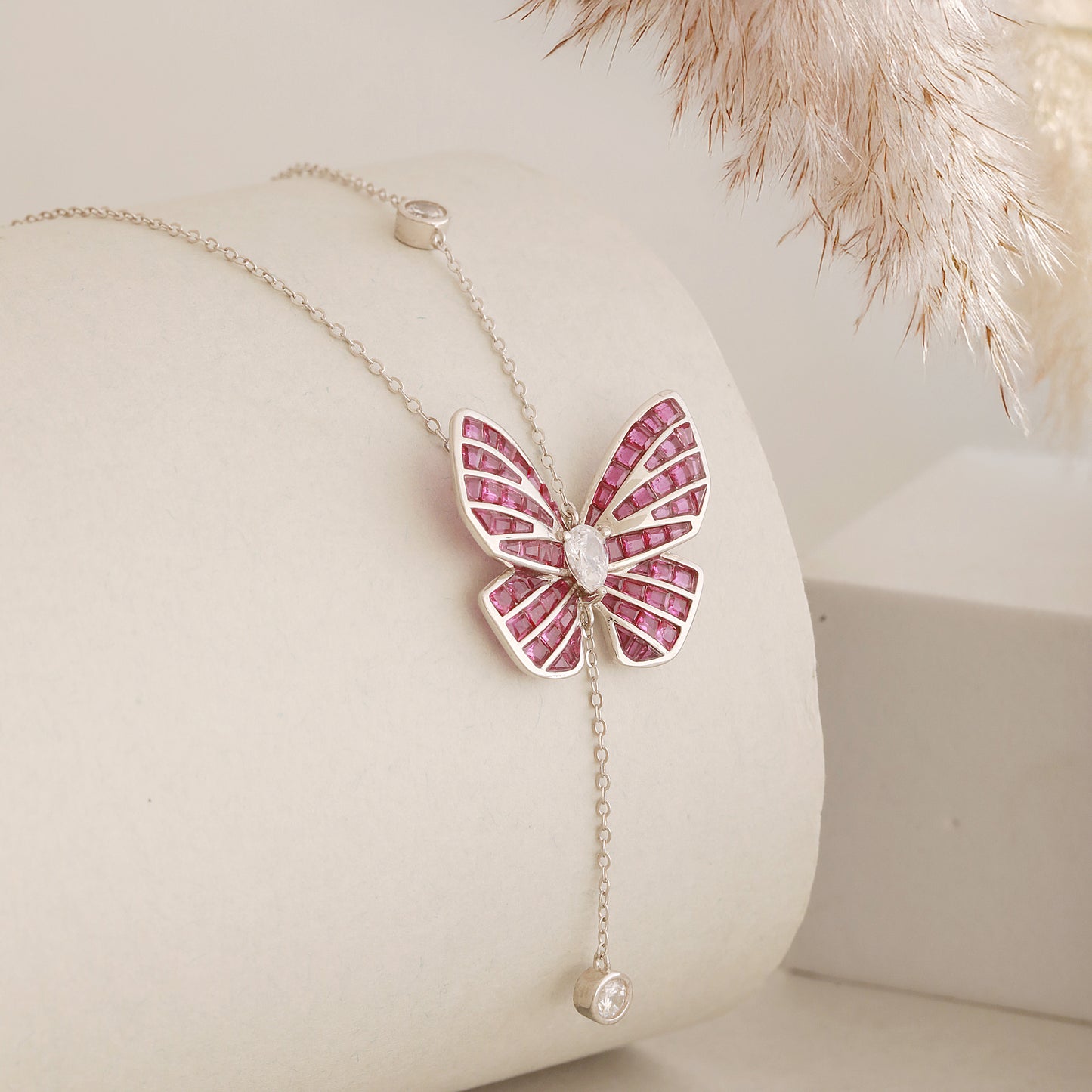 925 Sterling Silver Pink Sapphire Butterfly Necklace
