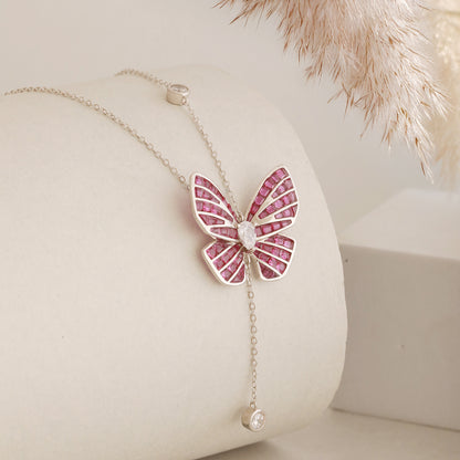 925 Sterling Silver Pink Sapphire Butterfly Necklace