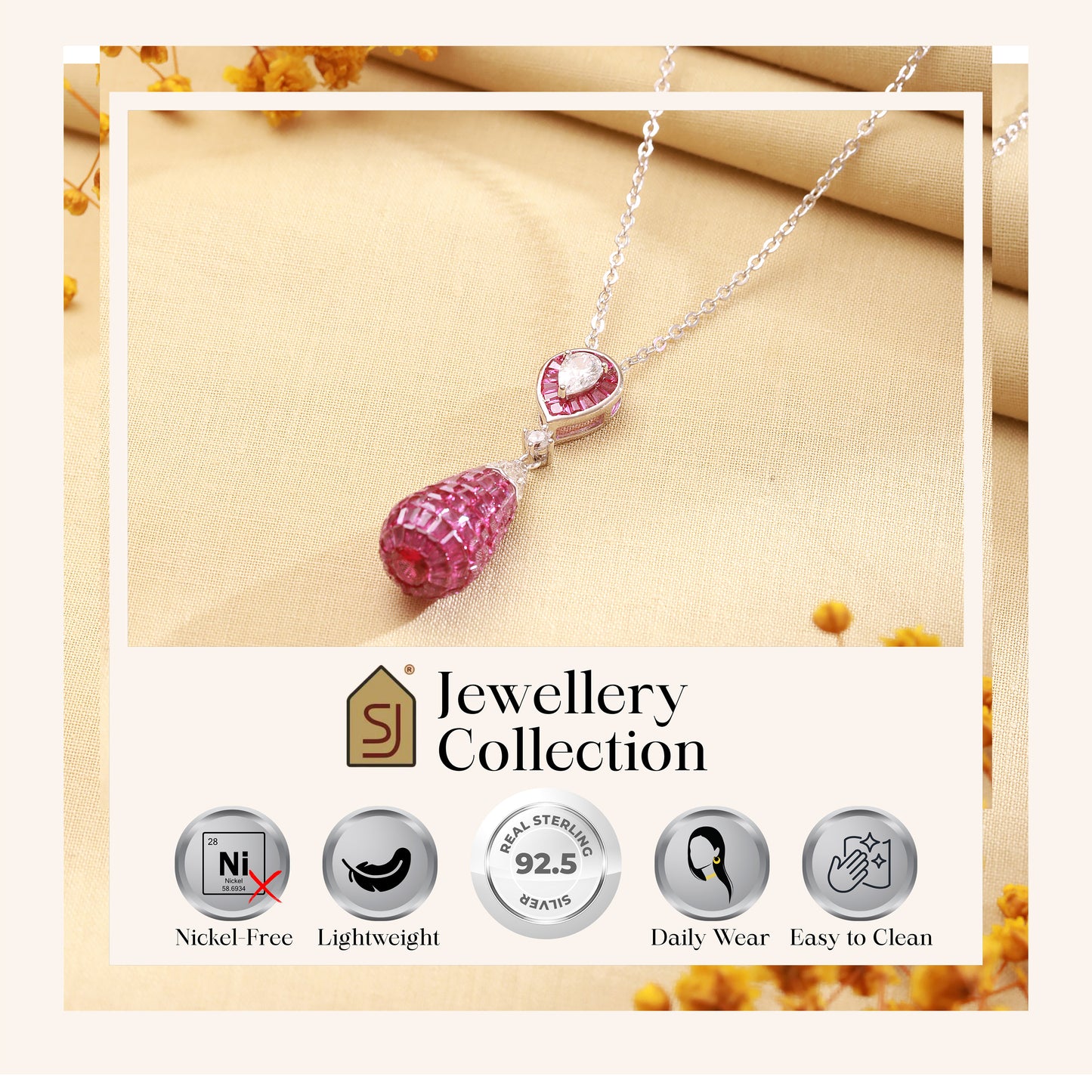 925 Silver Pink Sapphire Drop Pendant Chain