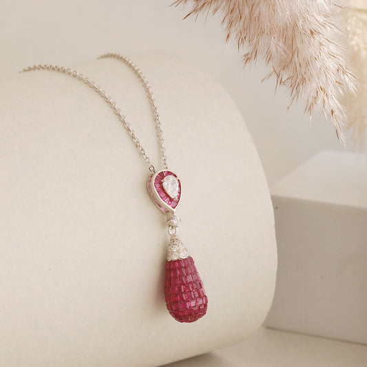 925 Silver Pink Sapphire Drop Pendant Chain