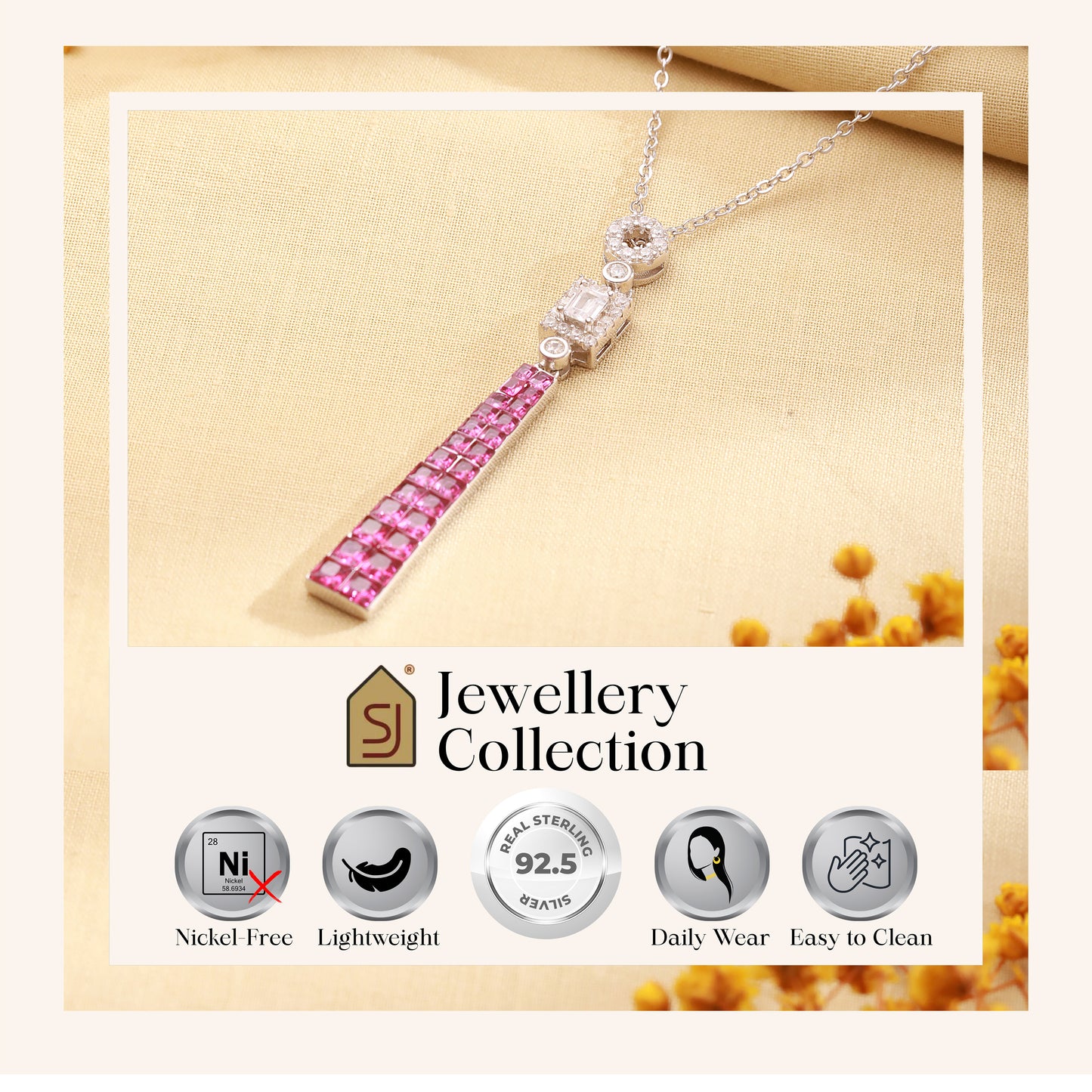 925 Silver Pink Sapphire Long Pendant Chain