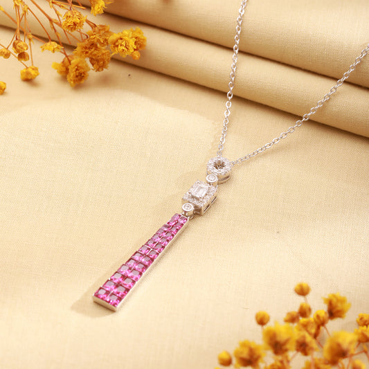 925 Silver Pink Sapphire Long Pendant Chain