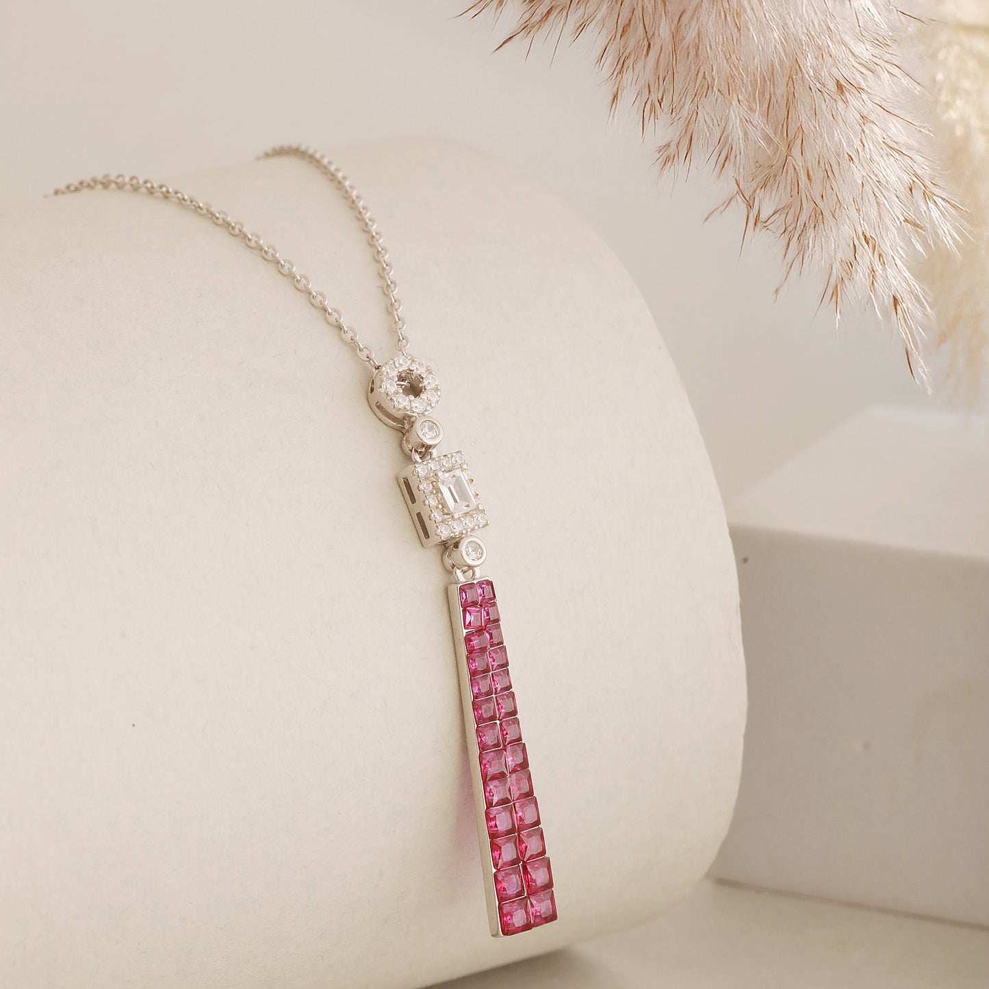 925 Silver Pink Sapphire Long Pendant Chain