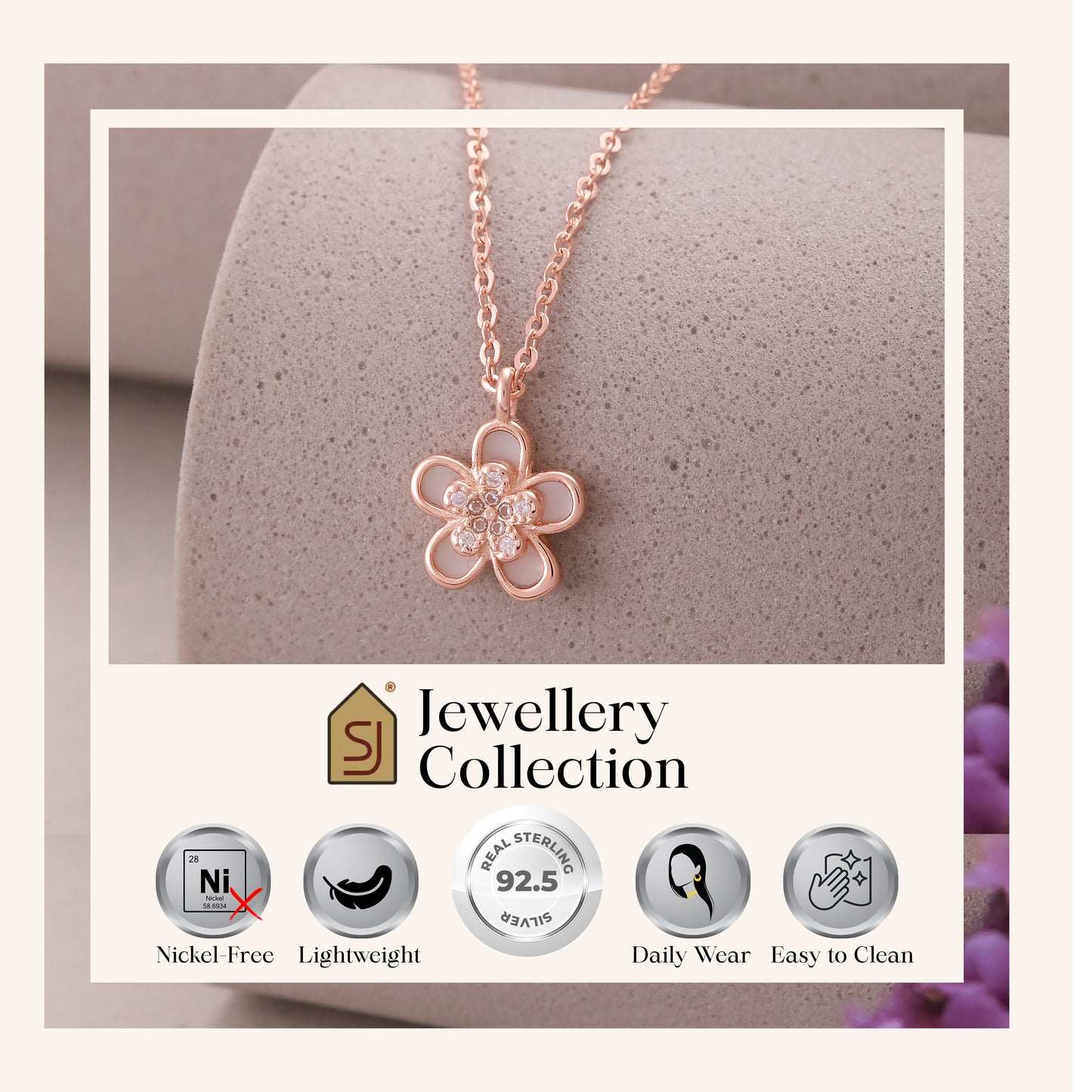 Rose Gold Floral CZ Necklace in 925 Silver