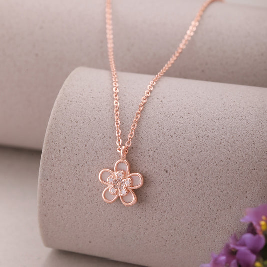 Rose Gold Floral CZ Necklace in 925 Silver