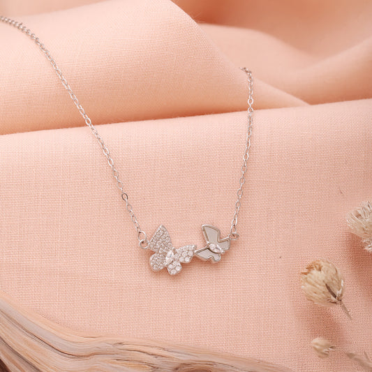 Silver 925 CZ Studded Twin Butterfly Locket & Chain
