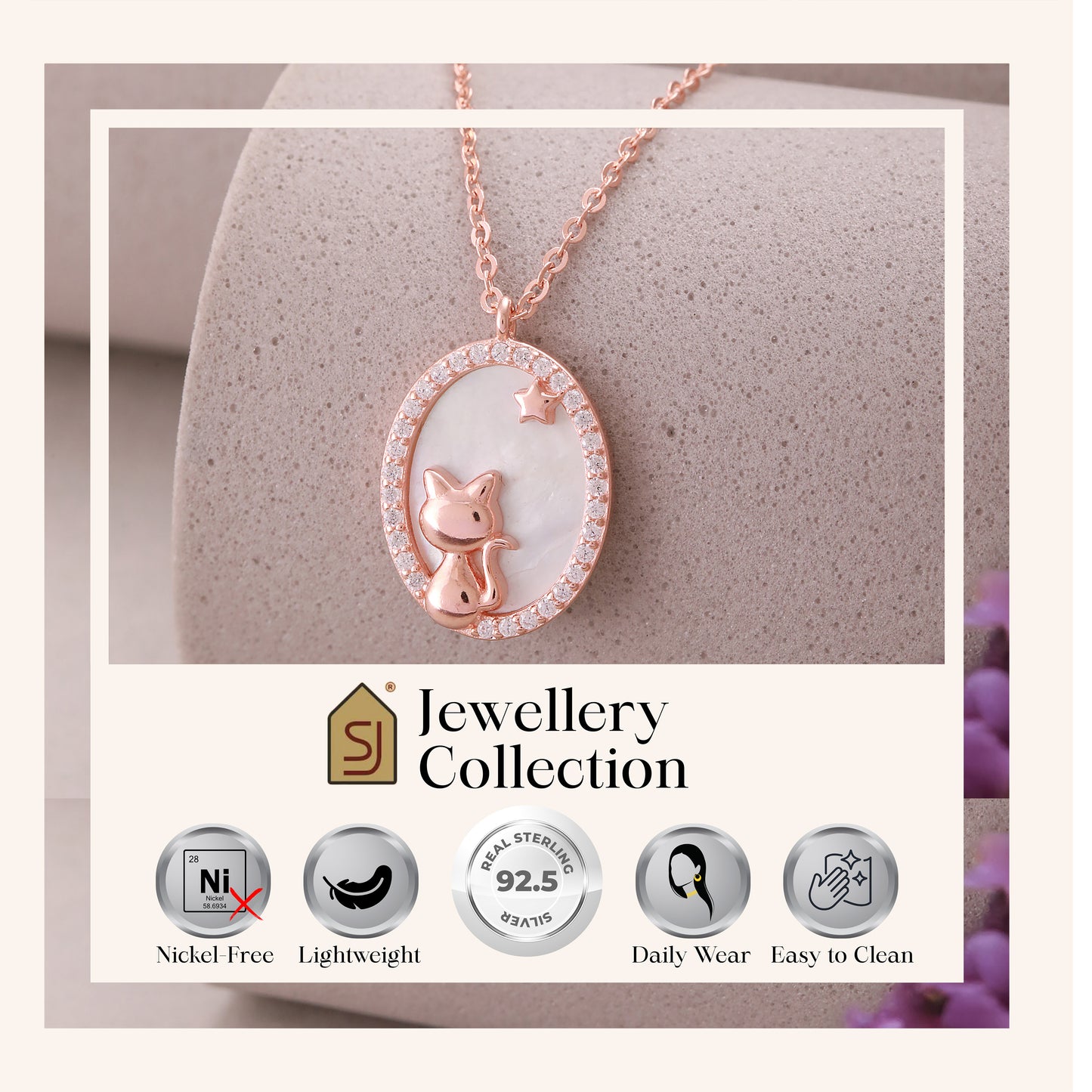 Rose Gold Celestial Cat Pendant & Chain in Sterling Silver