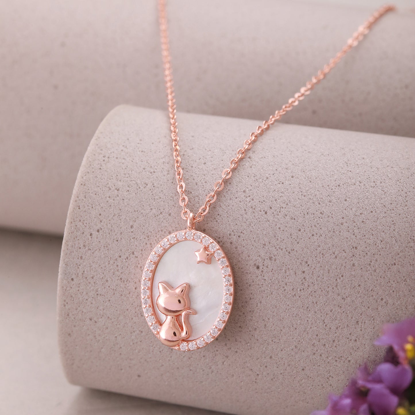 Rose Gold Celestial Cat Pendant & Chain in Sterling Silver
