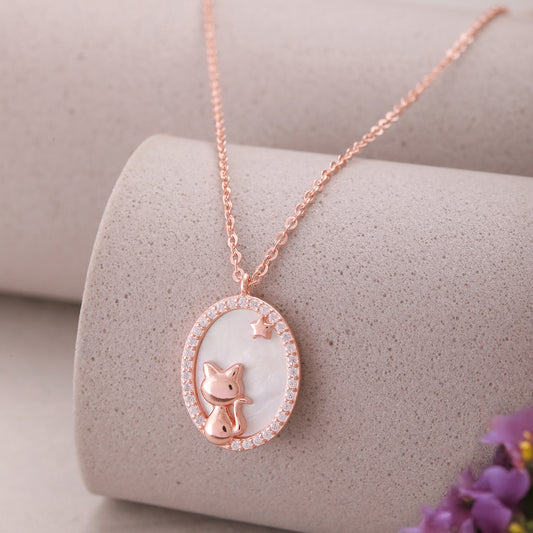 Rose Gold Celestial Cat Pendant & Chain in Sterling Silver