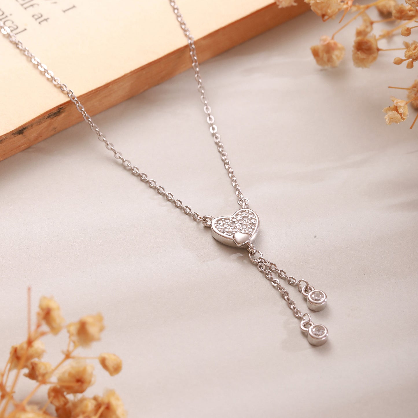 Sterling Silver Heart Drop CZ Necklace