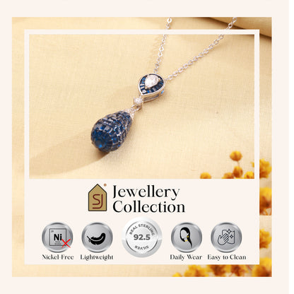 925 Silver Blue Sapphire Drop Pendant Chain