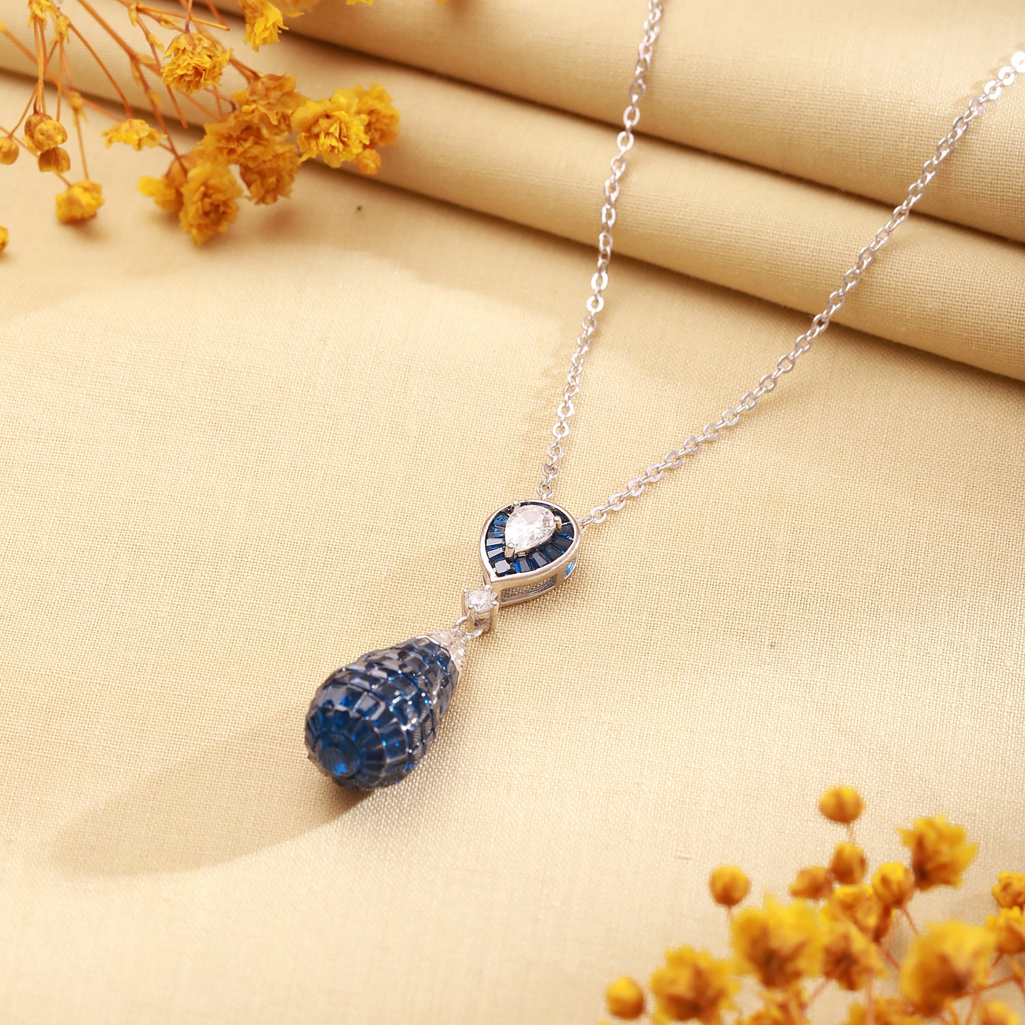 925 Silver Blue Sapphire Drop Pendant Chain
