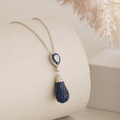 925 Silver Blue Sapphire Drop Pendant Chain