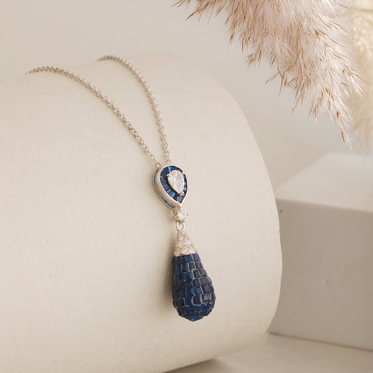 925 Silver Blue Sapphire Drop Pendant Chain