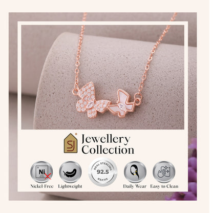 Silver 925 Chain with CZ Rose Gold Twin Butterfly Locket