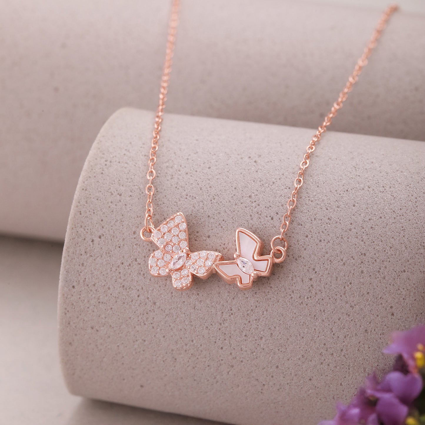 Silver 925 Chain with CZ Rose Gold Twin Butterfly Locket
