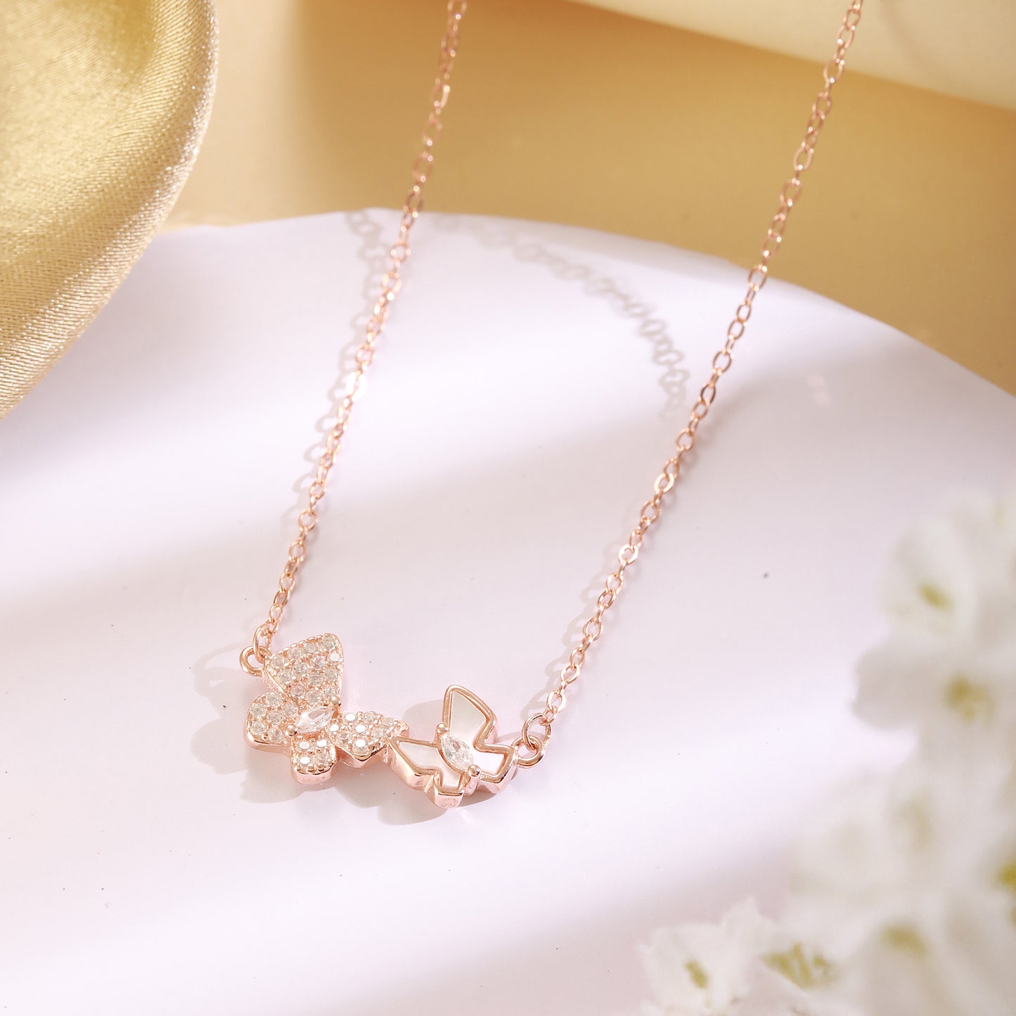 Silver 925 Chain with CZ Rose Gold Twin Butterfly Locket