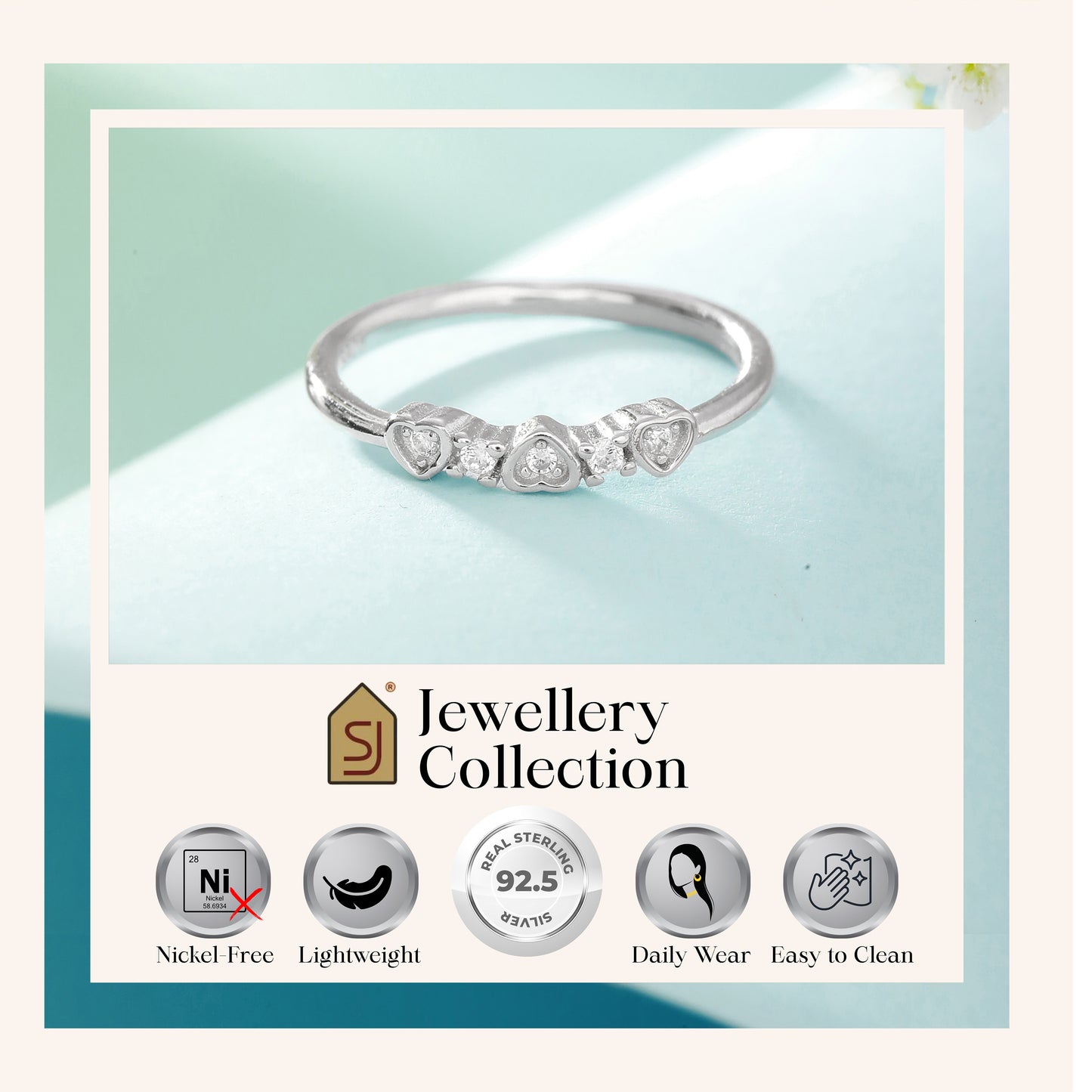 CZ Studded 925 Silver Hearts Ring