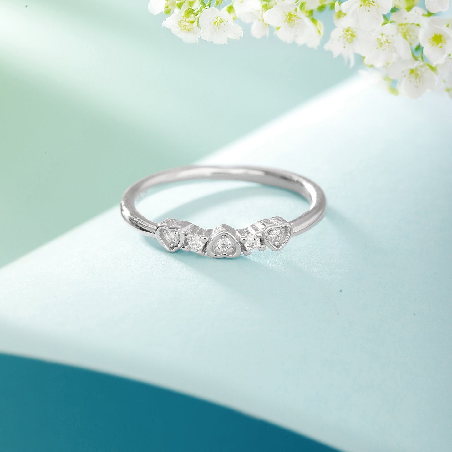 CZ Studded 925 Silver Hearts Ring