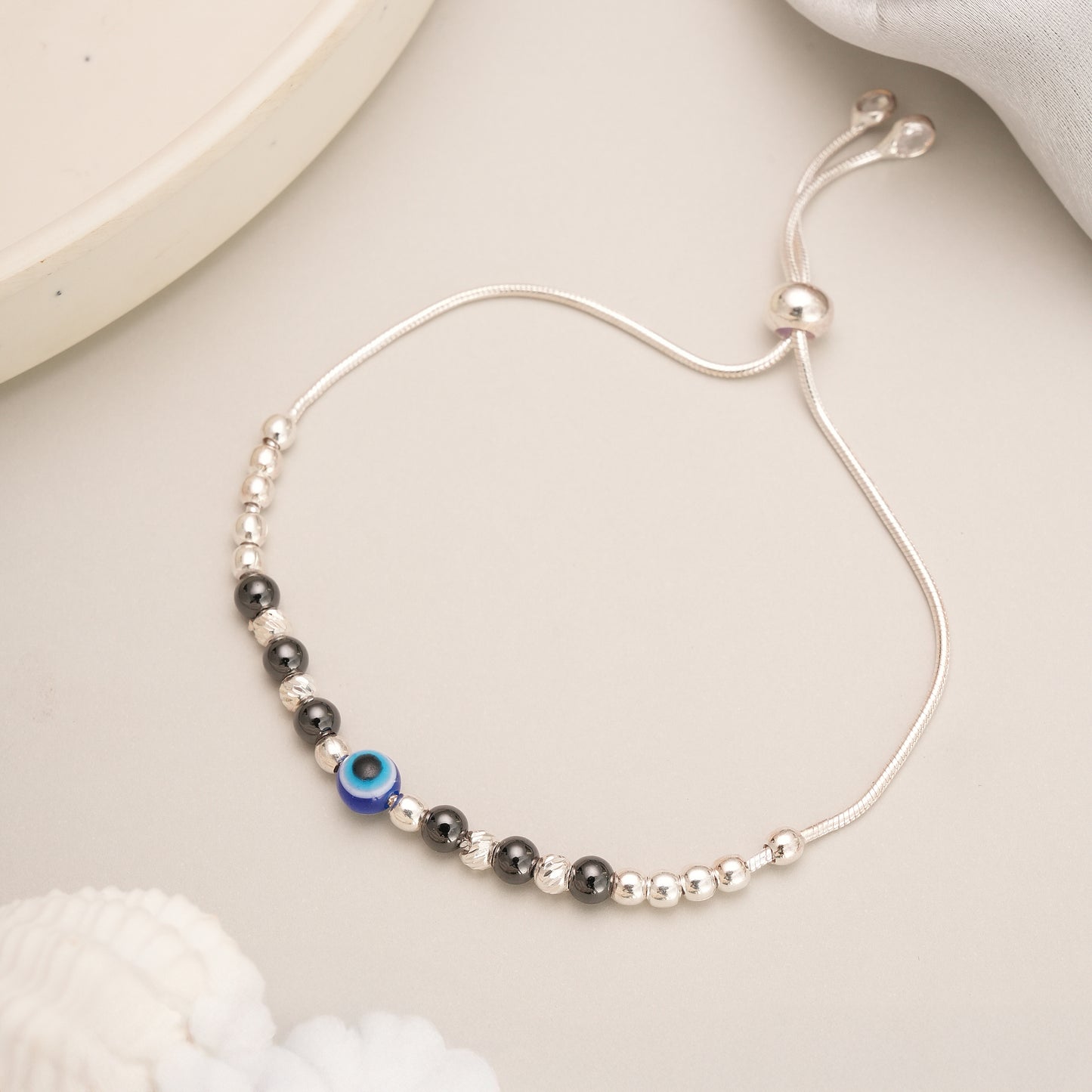 Adjustable 925 Silver Beaded Evil Eye Bracelet